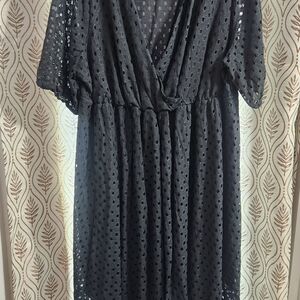 BloomChic Black Eyelet Midi Dress with Surplice Neck